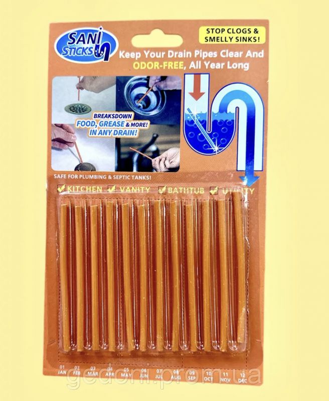 Палочки для прочистки слива раковины, ванны, мойки. Sani Sticks, 12 шт.